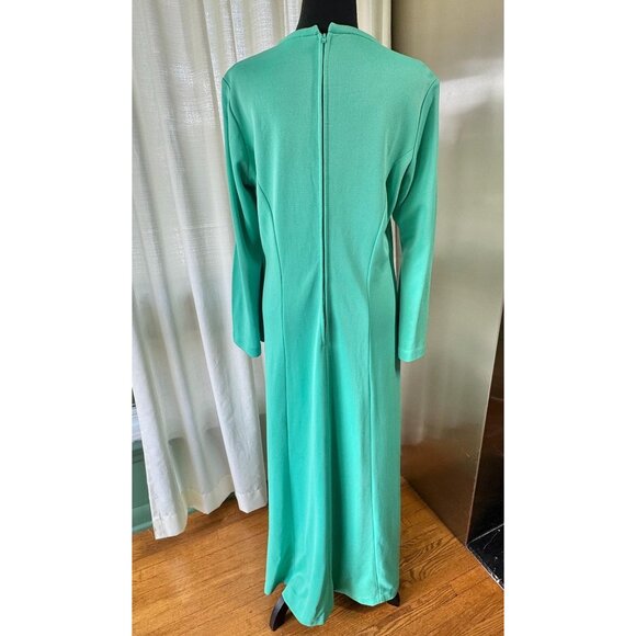 Vintage 70s dress, aqua/mint, Mod maxi gown with bell sleeves, scoop neck - Picture 6 of 10